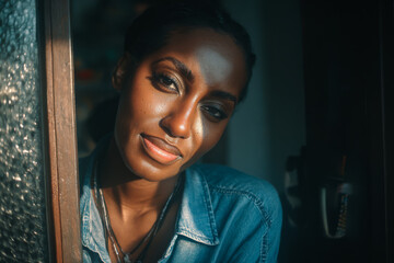 Fototapeta premium Woman with radiant skin gazes thoughtfully from doorway during golden hour light