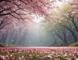 Falling sakura petals create a dreamy, blurred spring scene ,  tranquil,  falling,  blurred