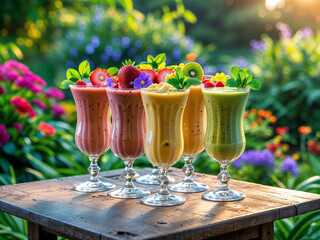 Set of brightly colored healthy smoothies decorated with fruits on a wooden table in a beautiful garden of plants and flowers