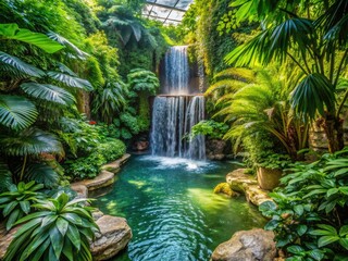 Serene Indoor Waterfall, Lush Tropical Plants, Zen Garden, Home Decor, Relaxation, Interior Design, Water Feature, Peaceful Oasis