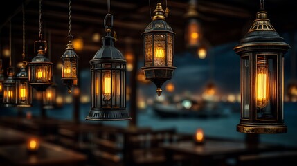 Obraz premium Romantic Lantern Lights with Night, and Outdoor Restaurant.