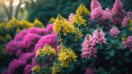 Obraz premium Azalea Bush in the Arboretum with Yellow and Pink Blooms