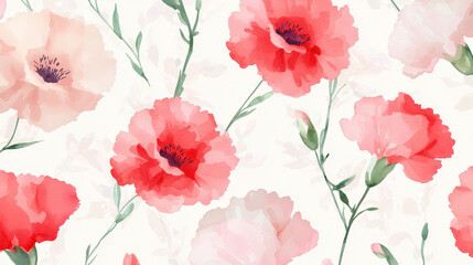 Delicate watercolor flowers in soft pink and coral hues create serene and elegant pattern, perfect for various design projects
