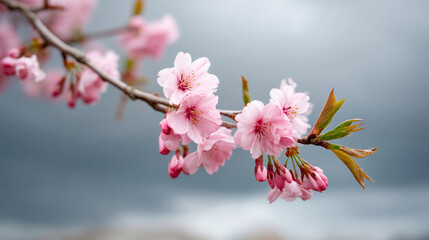 Obraz premium Serene spring scene with blooming sakura branch, perfect for nature-themed decor