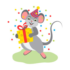 Cartoon mouse animal celebrates birthday. Vector flat illustration. Vector 10.