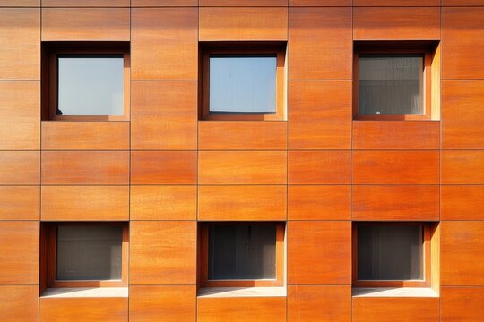 Rich brown wood-paneled wall with evenly spaced square windows