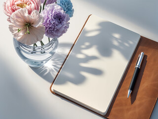 Minimalist and bright image of an open blank notebook with space for text next to a bouquet of flowers in a glass vase © Hera Yeko