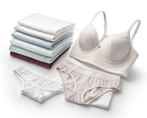 Folded Women&rsquo;s Underwear Sets on White Background, 8K Clean Laundry Stock Photo