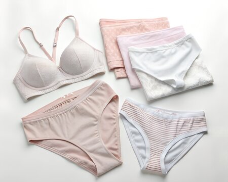 Folded Women&rsquo;s Underwear Sets on White Background, 8K Clean Laundry Stock Photo