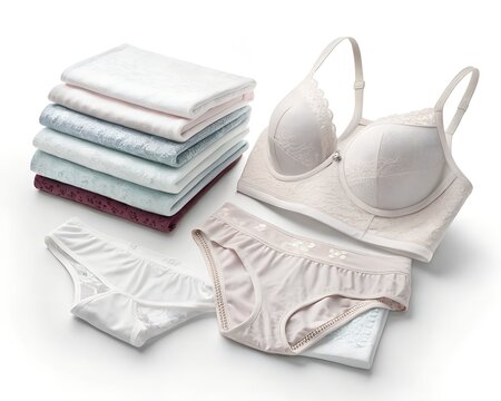 Folded Women&rsquo;s Underwear Sets on White Background, 8K Clean Laundry Stock Photo