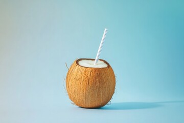 A whole coconut filled with coconut milk and a striped straw, styled on a vibrant blue background