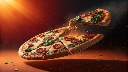 Sliced Pepperoni and Veggie Pizza with Melting Cheese on Fiery Red and Orange Background