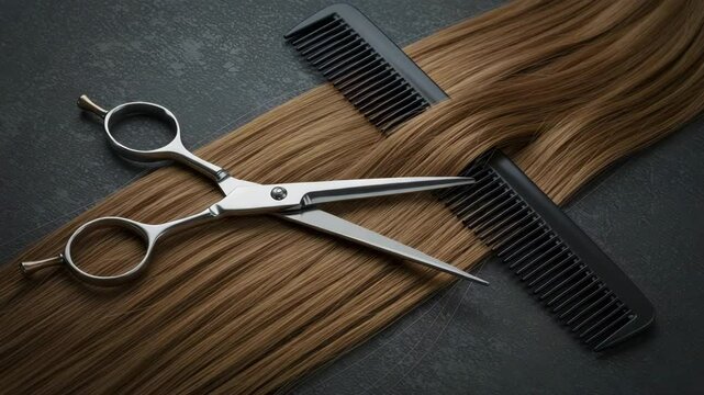 Hairdressing salon tools, scissors and comb on brown hair extension. Concept for beauty, fashion and personal care.