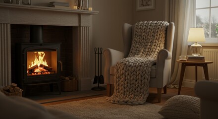 Fototapeta premium Cozy room with fireplace, soft lighting, chair, and blanket evoking comfort