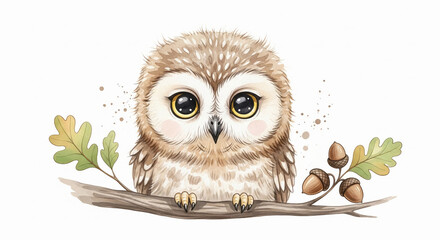 Obraz premium Watercolor children's illustration of a sweet baby owl with curious eyes sitting on a branch with oak leaves and acorns perfect for children's decor. AI-generated.
