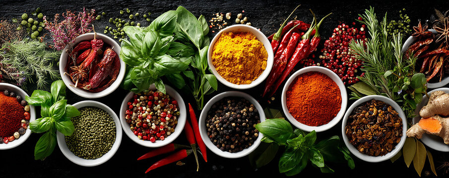 Colorful spices and herbs on dark background, flat lay with space for text