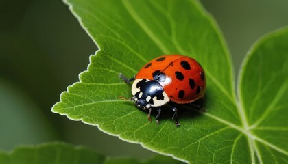 Close-up of a ladybug on a vibrant green leaf.