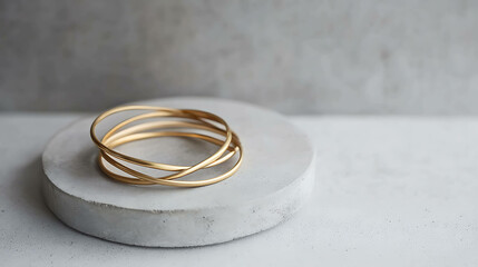 A flat lay of gold bangles on a minimalist concrete slab.