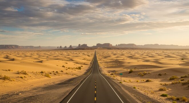 Desert road stretches toward distant mesas under a cloudy sky at golden hour