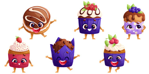 Obraz premium A set of cute smiling cupcake and muffin characters. The concept of a children's party, bakery. Isolated vector illustration for the design of postcards, invitations, posters, banners