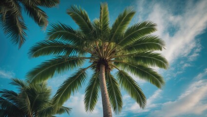 Full view of palm trees, specifically Washingtonia robusta, showcasing their leaves under a blue sky
