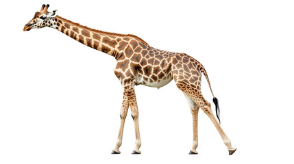 Fototapeta premium Graceful Giraffe: A majestic giraffe, known for its distinctive coat patterns and towering height, stands tall in this captivating image. Capturing the essence of the African savannah.