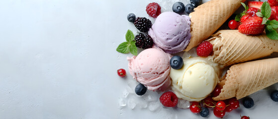 top view of modern composition with fruit ice creams isolated over delicate gray background; copy space