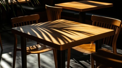 Sunlit cafe table with palm leaf shadow