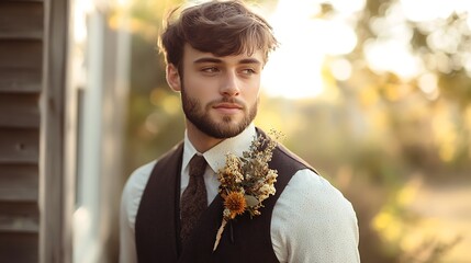 A groom wearing a boutonniere made of dried flowers