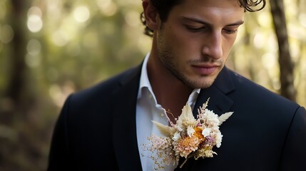 A groom wearing a boutonniere made of dried flowers