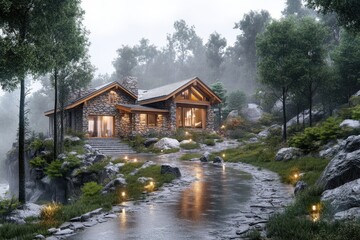 Fototapeta premium House On Mountain. Exterior of Large Cabin With Stone Driveway
