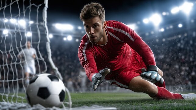 Soccer goalkeeper diving to save goal in dramatic match