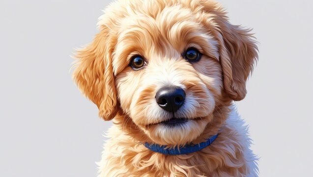 Goldendoodle Dog mix of Retriever and poodle on a white backdrop. Digital illustration of a cute pet portrait, puppy head, rear view of poodle crossbreed, t-shirt graphic