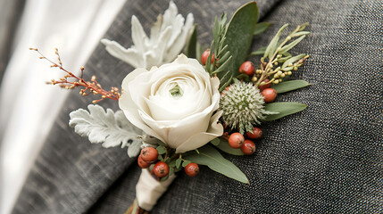 A groom's suit with a stylish boutonniere featuring a white rose and greenery