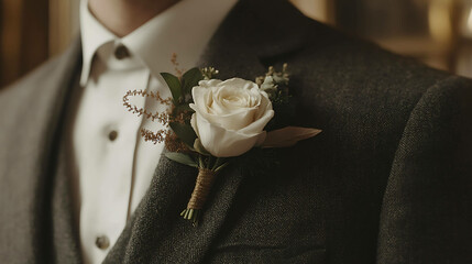 A groom's suit with a stylish boutonniere featuring a white rose and greenery