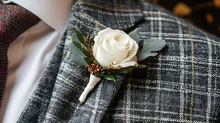A groom's suit with a stylish boutonniere featuring a white rose and greenery