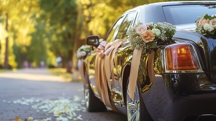 A luxury car decorated with ribbons and floral accessories for a wedding