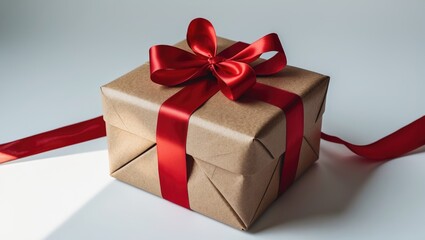 Isolated background featuring a gift box wrapped in recycled paper topped with a ribbon bow from above