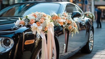 A luxury car decorated with ribbons and floral accessories for a wedding