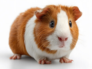 A small guinea pig with distinct brown and white patches sits on a white surface, appearing curious and alert