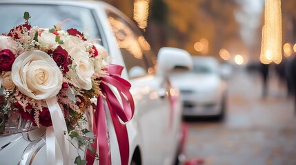 A luxury car decorated with ribbons and floral accessories for a wedding