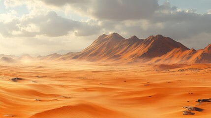 Fototapeta premium Vibrant ochre sand dunes meeting distant mountains under diffused sunlight
