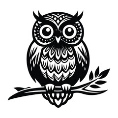 Owl Silhouette on Branch, Owl sitting on a tree branch vector silhouette, Outline of Perched Owl Silhouette
