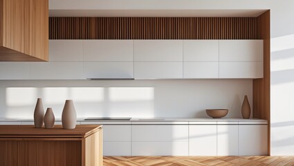 Fototapeta premium Chic white kitchen with wood highlights and parquet floor, minimalist interior design, wooden tabletop or shelf with understated vases