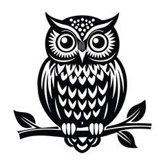 Owl Silhouette on Branch, Owl sitting on a tree branch vector silhouette, Outline of Perched Owl Silhouette