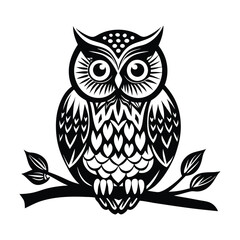 Owl Silhouette on Branch, Owl sitting on a tree branch vector silhouette, Outline of Perched Owl Silhouette