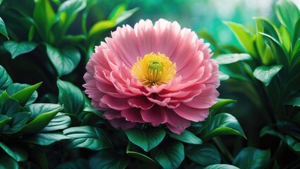 This beautiful, highly detailed close-up features a blossoming flower wonderfully accented by bright emerald green leaves behind.