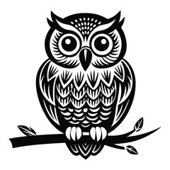 Owl Silhouette on Branch, Owl sitting on a tree branch vector silhouette, Outline of Perched Owl Silhouette