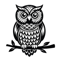 Owl Silhouette on Branch, Owl sitting on a tree branch vector silhouette, Outline of Perched Owl Silhouette