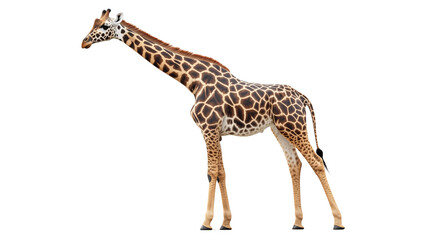 Fototapeta premium Graceful Giraffe in Profile: A towering giraffe, with its distinctive patterned coat and long neck, stands tall in a serene pose, showcasing the elegance and majesty of the African savanna.